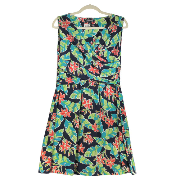 Lands End Dress Womens Medium Petite MP Hawaiian Tropical Blue Green Ruched Boho - Picture 1 of 7